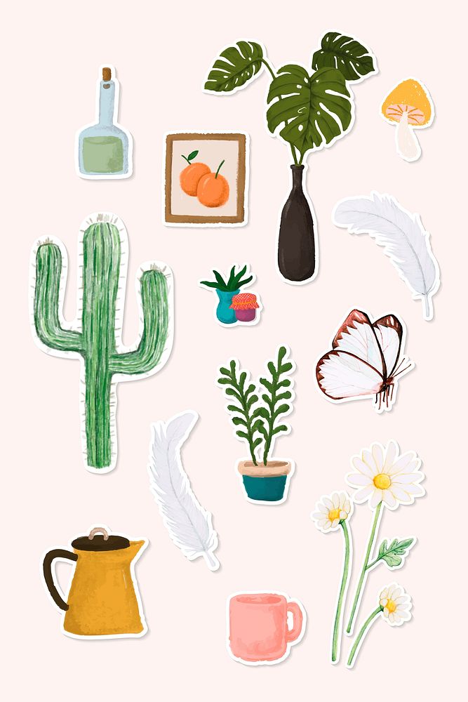 Set of botanical watercolor sticker doodle vector