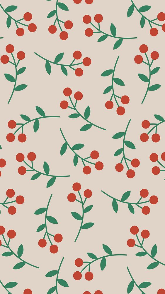 Hand drawn red berry pattern mobile phone wallpaper vector