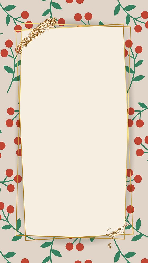Gold frame on red berry pattern mobile phone wallpaper vector