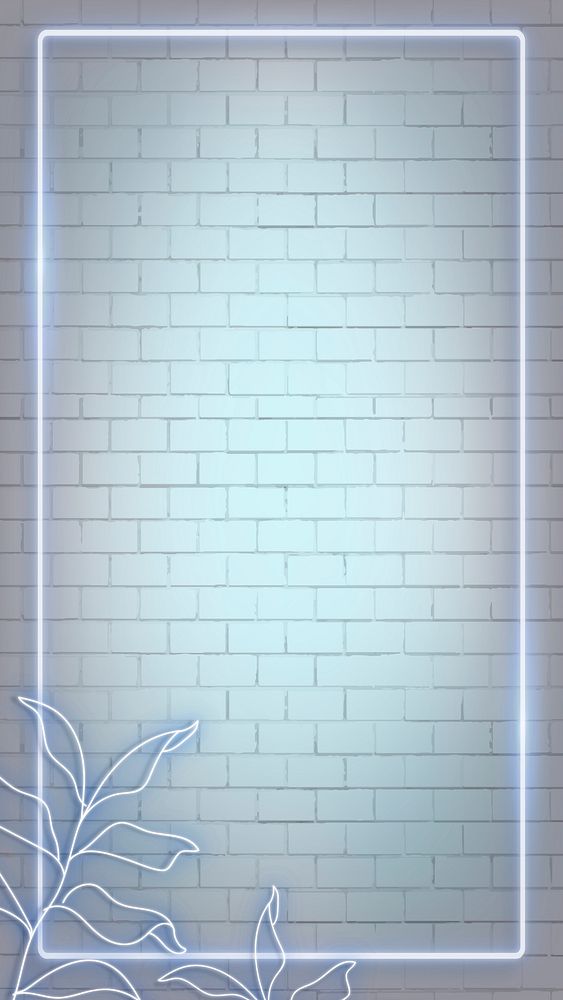 Neon lights rectangle frame with leaves on brick wall mobile phone wallpaper vector