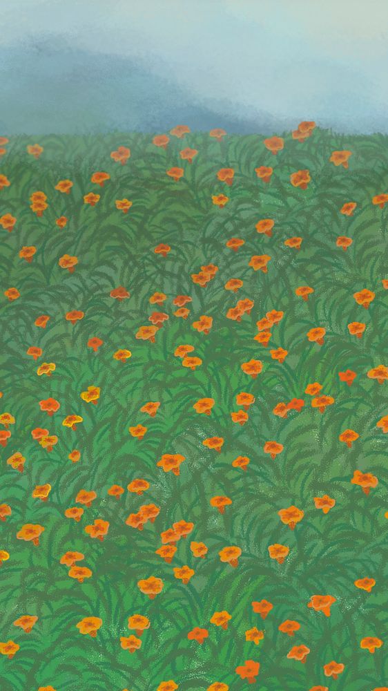 Blooming red poppy garden on the hill mobile phone wallpaper illustration