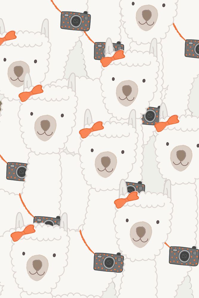 Adorable alpaca with camera patterned background vector