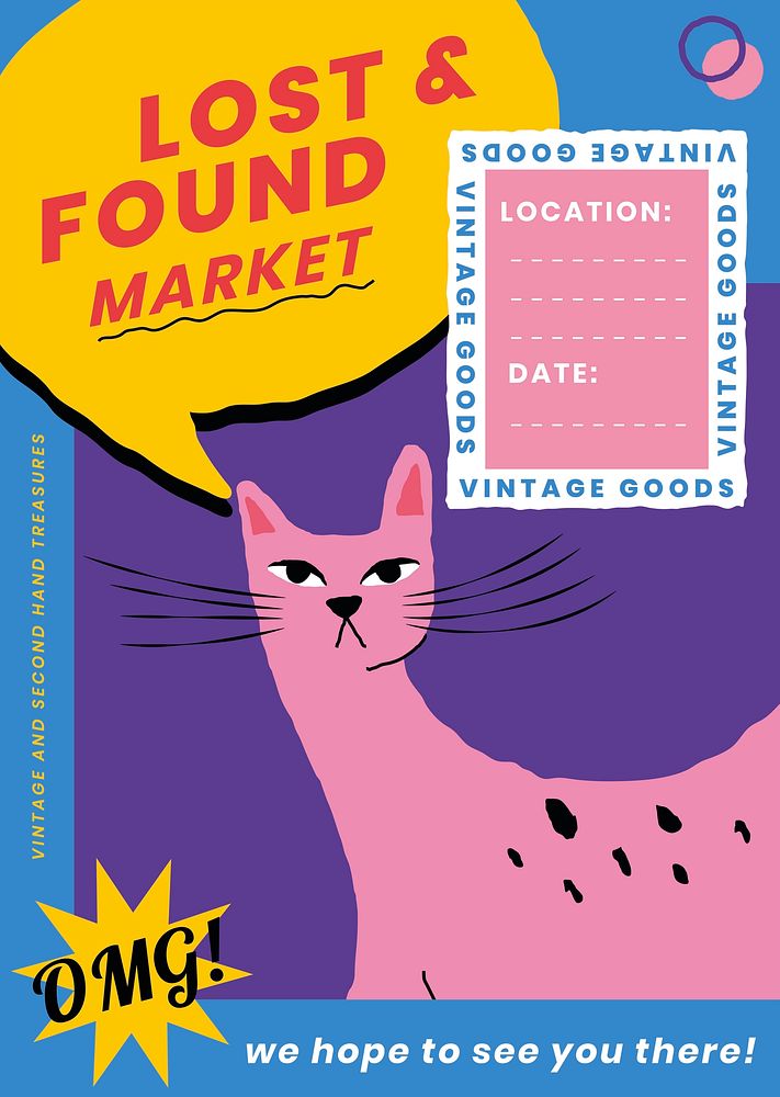 Editable poster template psd for lost and found with cute animal illustration