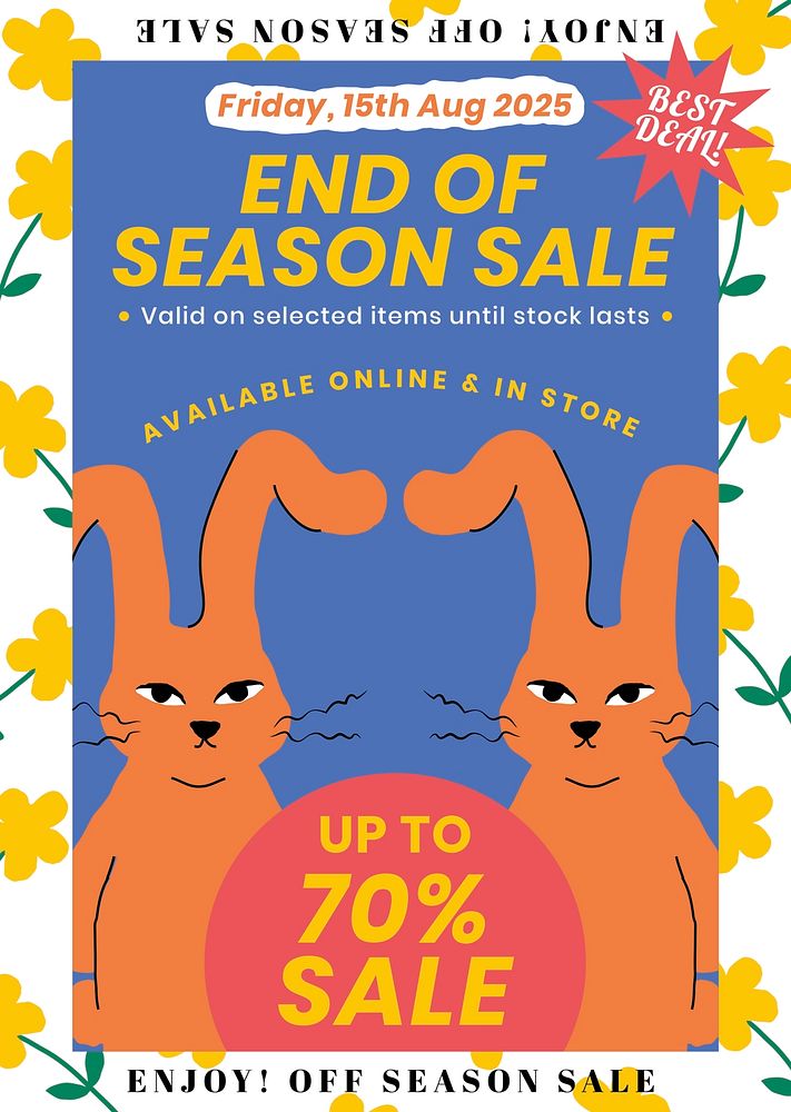 Editable poster template psd for end of season sale with cute animal illustration