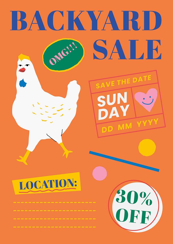 Editable poster template vector for backyard sale with cute chicken illustration