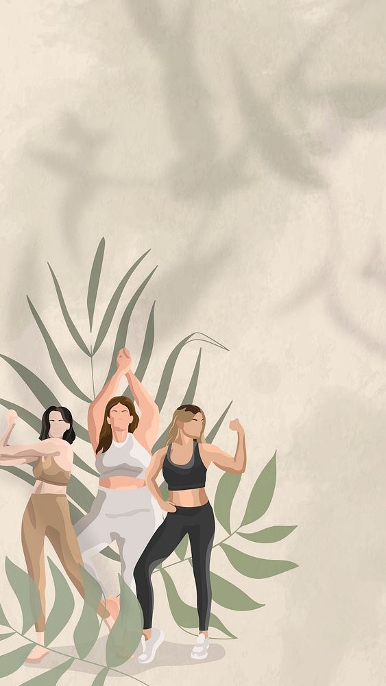 Health and wellness psd wallpaper green with women flexing illustration
