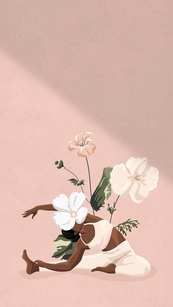 Floral border psd wallpaper with yoga, health and wellness illustration