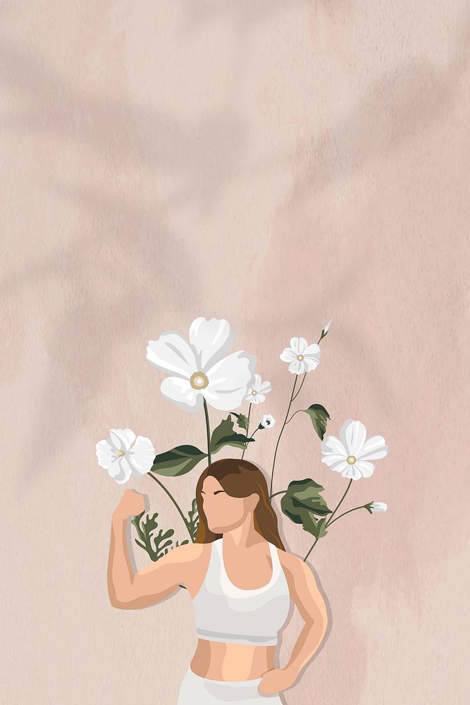 Flexing muscles border psd background with floral yoga woman illustration