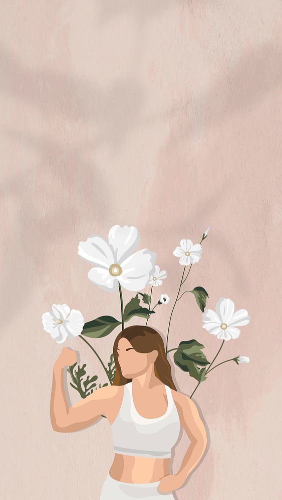 Flexing muscles border psd wallpaper with floral yoga woman illustration