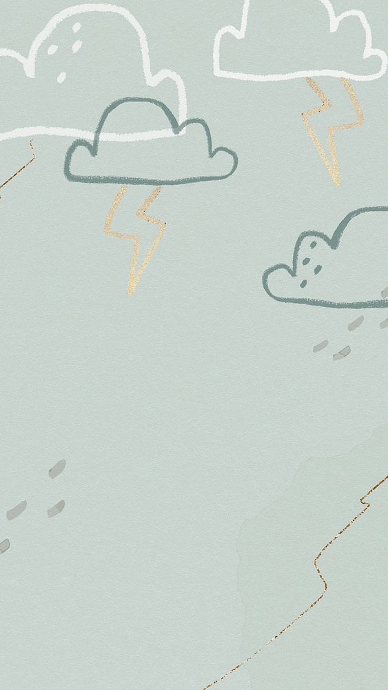 Thunder clouds background psd in green with glittery cute doodle illustration for kids