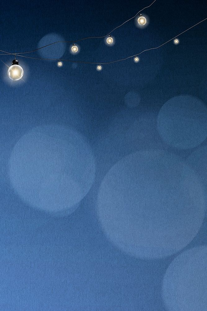 Bokeh background in blue with glowing string lights