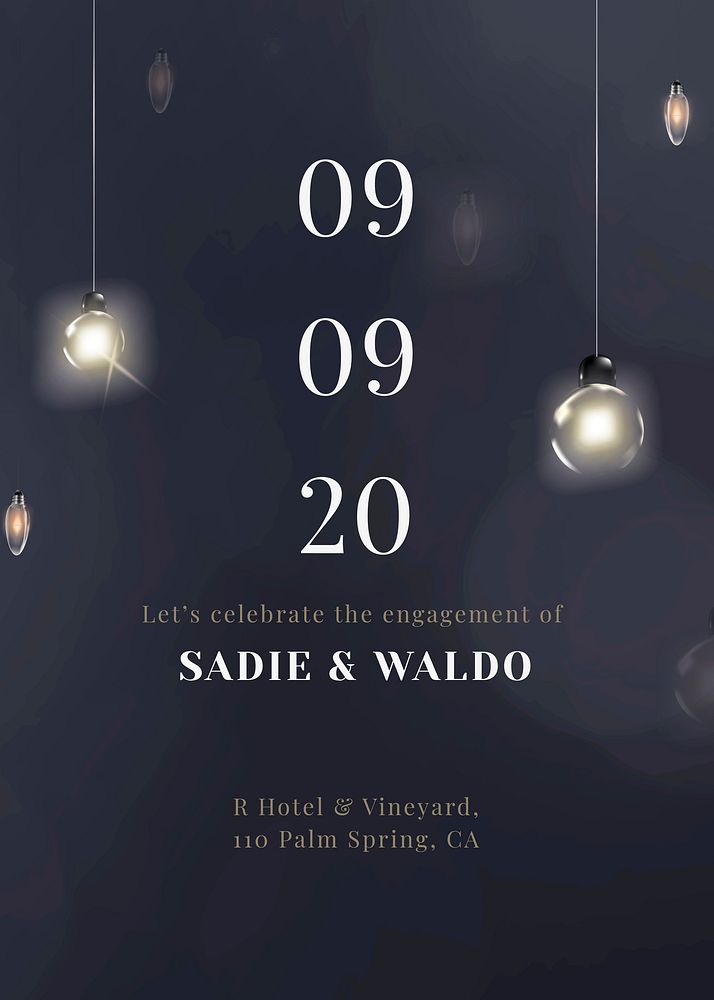 Festive invitation card vector editable template with beautiful string lights