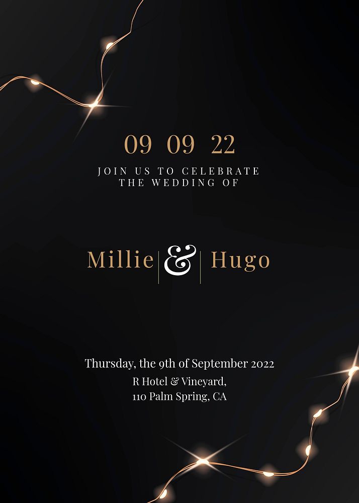 Festive invitation card vector editable template with beautiful wired lights