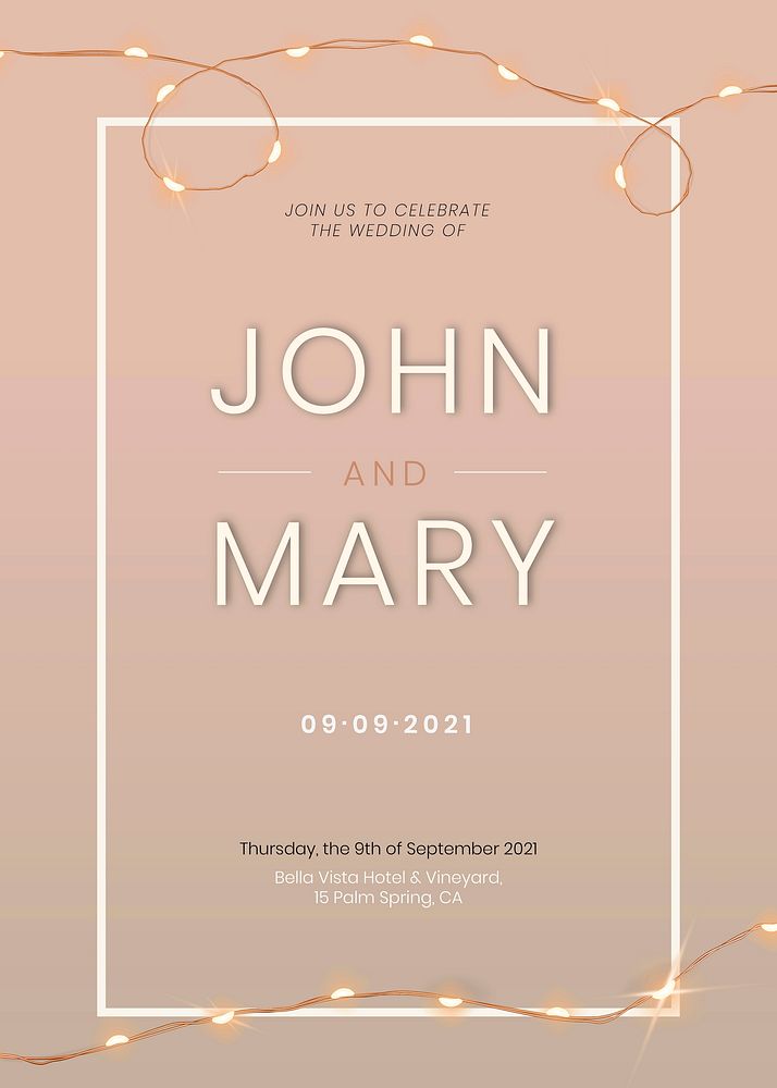 Wedding invitation card vector editable template with beautiful wired lights