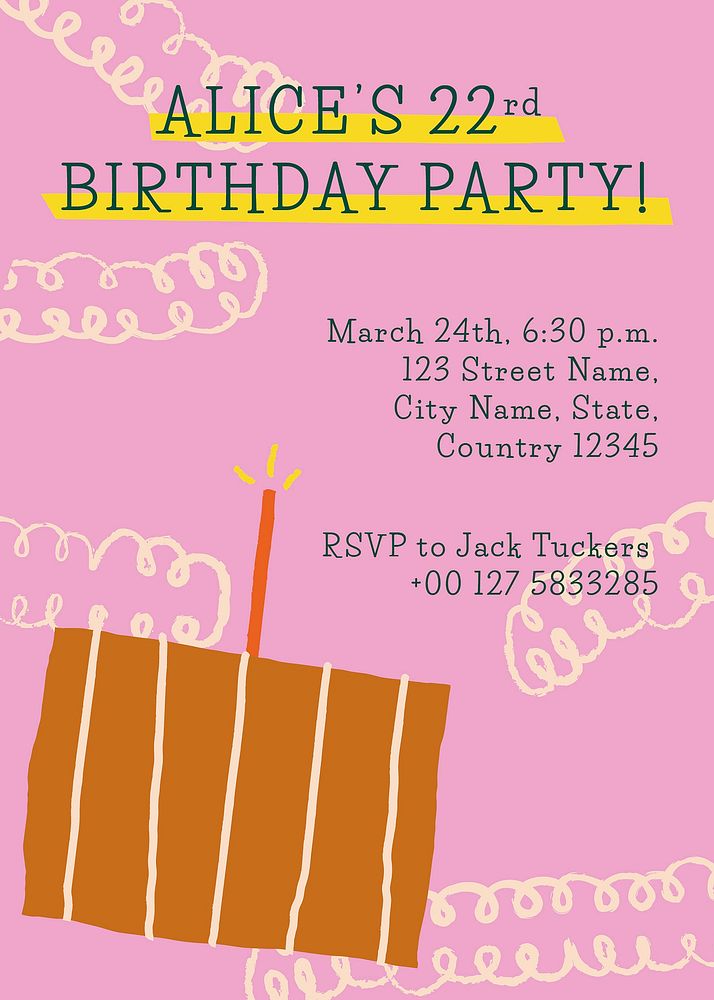 Birthday invitation card template vector with cute doodle cake