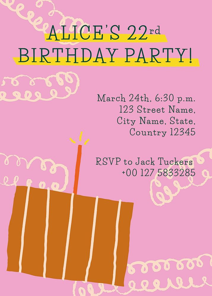 Birthday invitation card template psd with cute doodle cake
