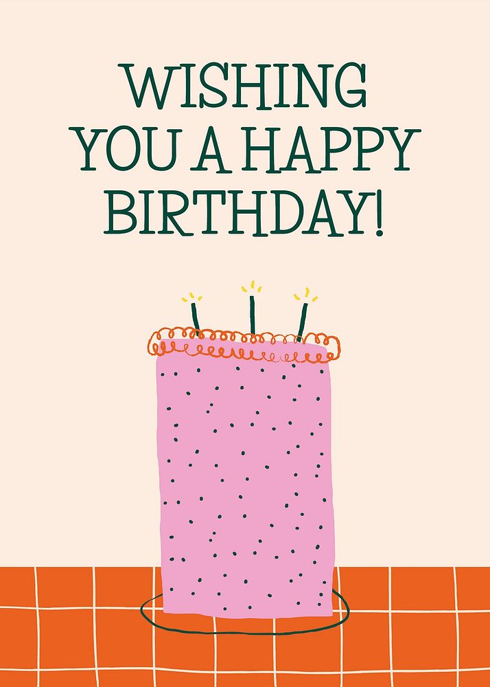Cute birthday card template psd with doodle cake