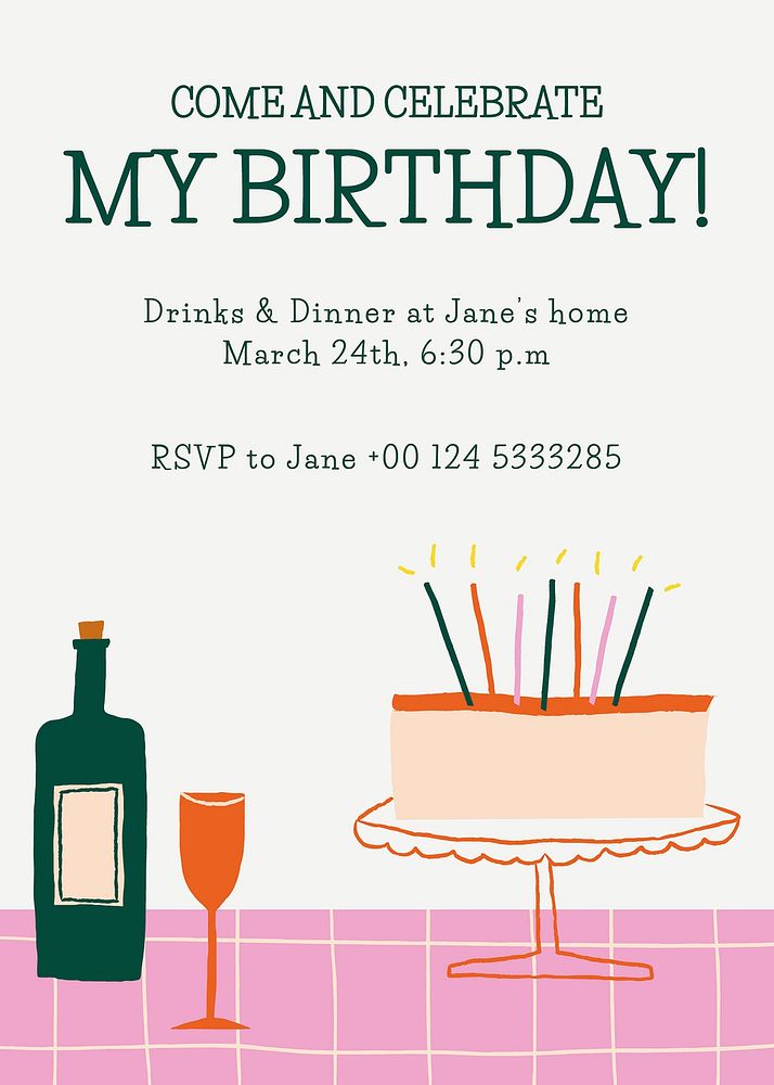 Birthday invitation card template psd with cute doodle cake