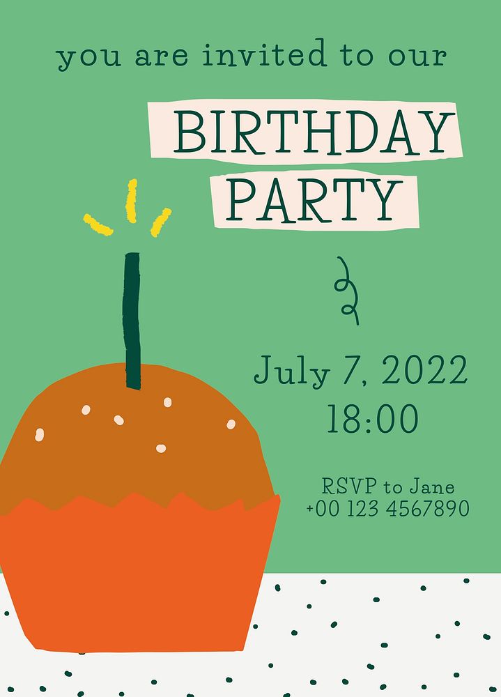 Birthday invitation card template psd with cute doodle cupcake