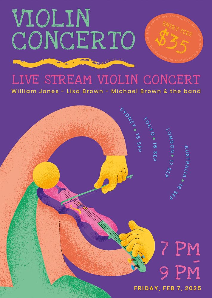 Colorful concert poster template psd with violinist musician flat graphic