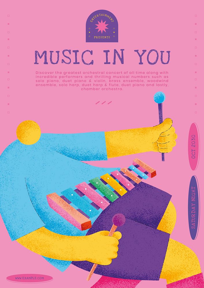 Colorful concert poster template vector with xylophonist musician flat graphic