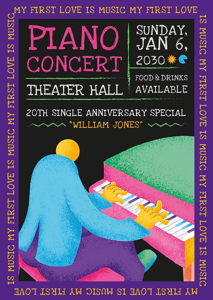 Colorful concert poster template psd with pianist musician flat graphic