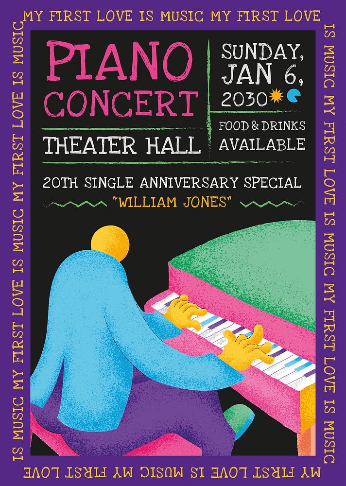 Colorful concert poster template vector with pianist musician flat graphic