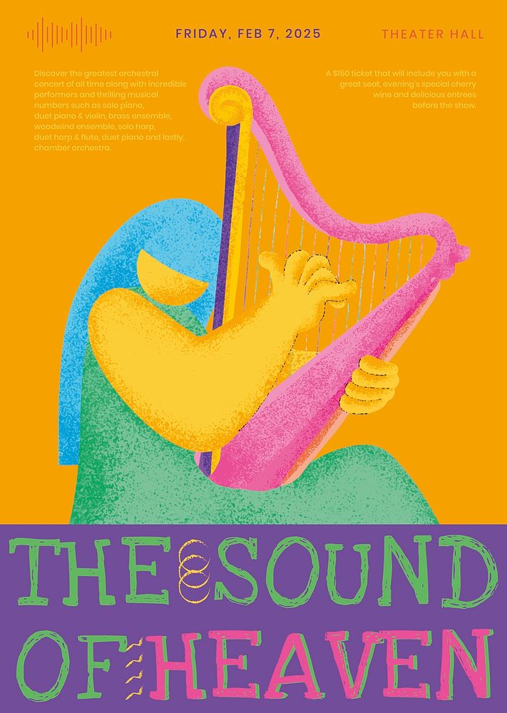 Colorful concert poster template psd with harpist musician flat graphic