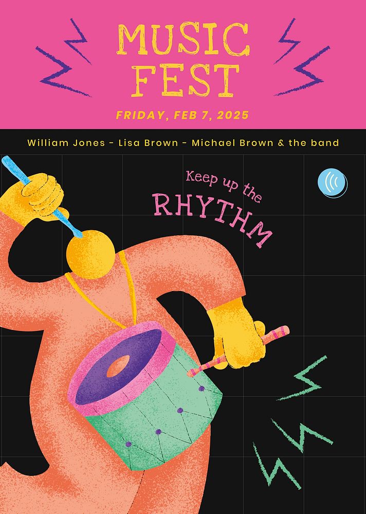 Colorful concert poster template vector with drummer musician flat graphic