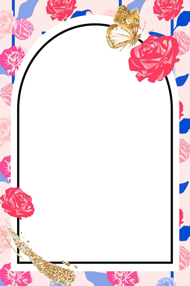 Feminine floral arched frame vector with pink roses on white background
