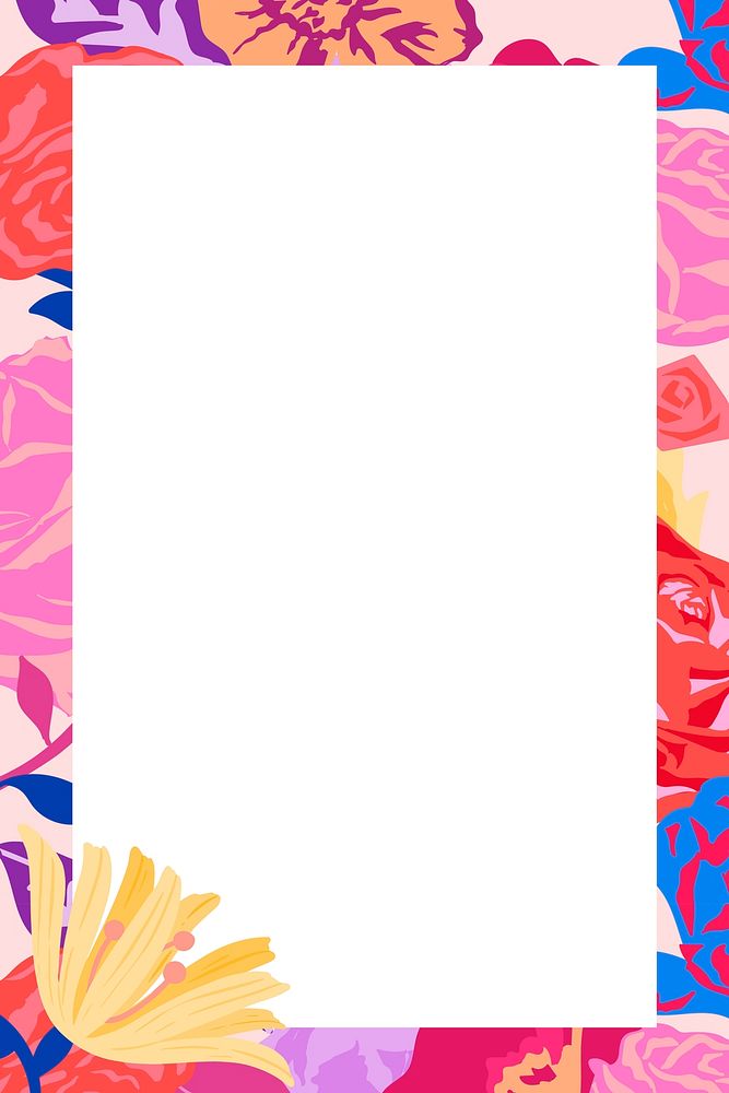 Feminine floral rectangle frame with pink roses on white background