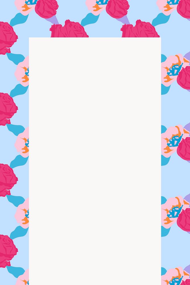 Blue floral rectangle frame with pink roses on white background