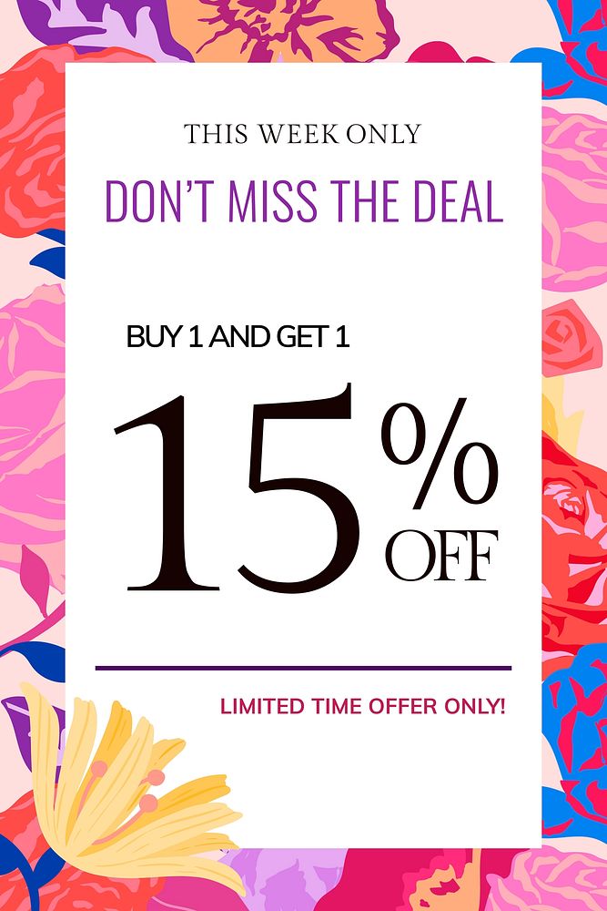 Feminine floral SALE template vector with colorful roses fashion ad banner