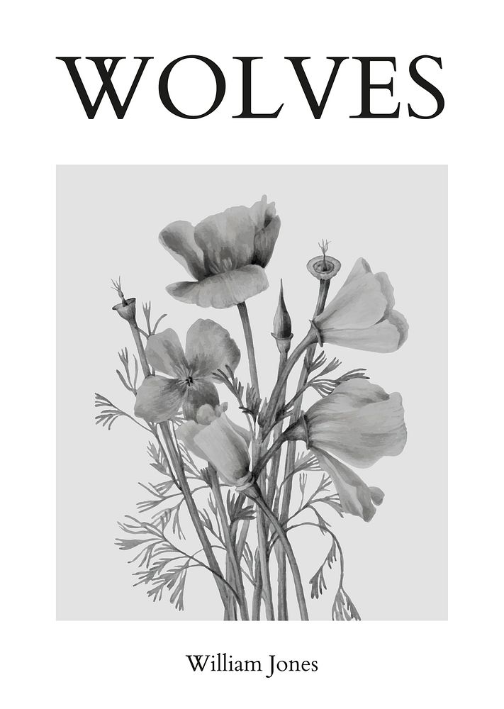 Minimal poster template psd with flowers in black and white
