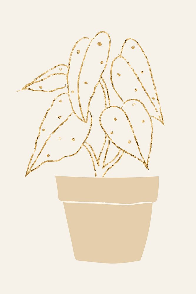 Potted houseplant psd in glitter gold doodle