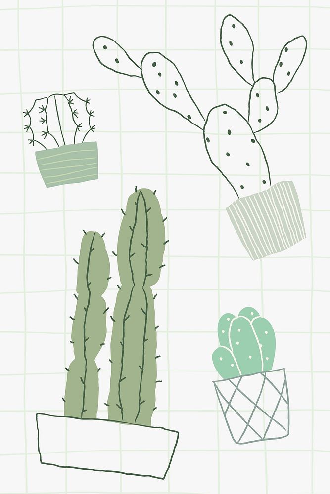 Green cactus doodle potted houseplants