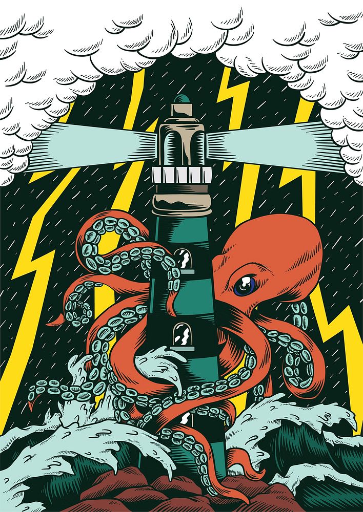 A giant octopus with tentacles wrapped around a lighthouse