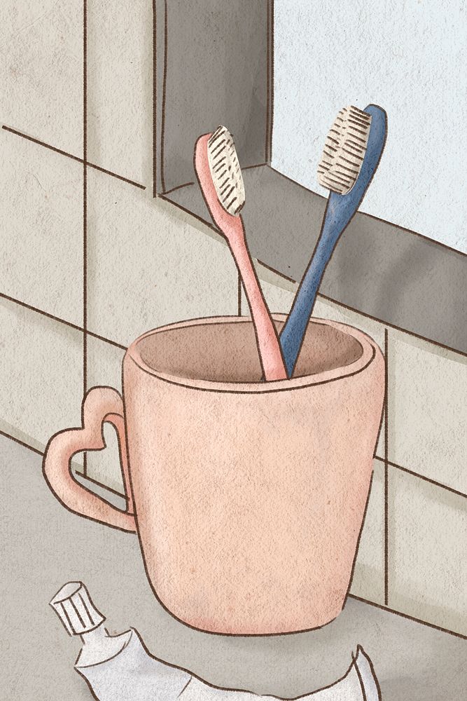 Couple’s toothbrushes romantic psd hand drawn illustration