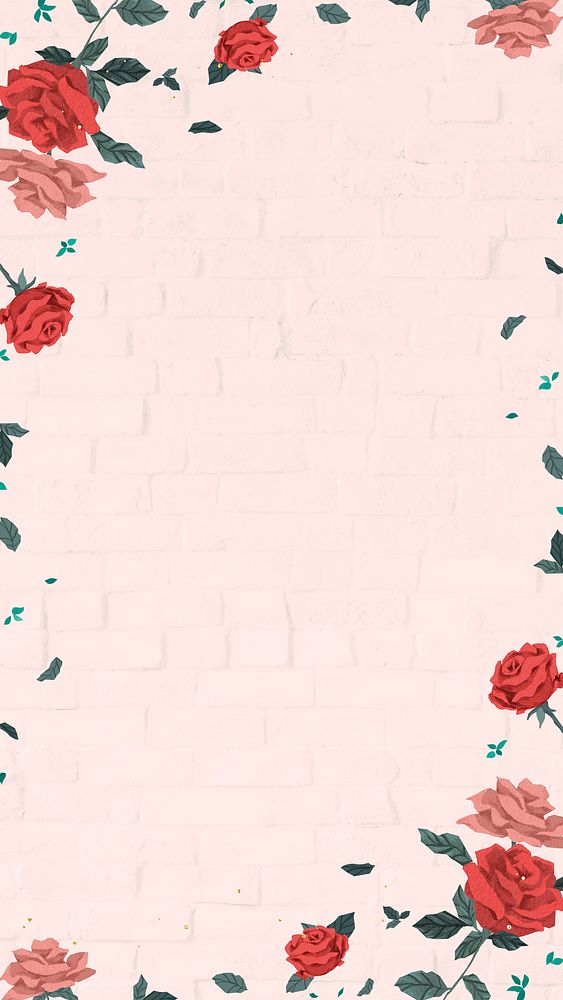 Valentine&rsquo;s red roses frame psd transparent with pink brick wall background 