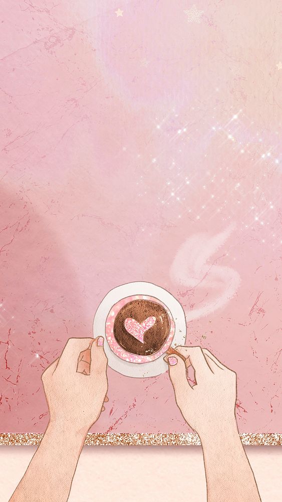 Cute coffee date Valentine&rsquo;s psd pink glittery marble texture mobile wallpaper