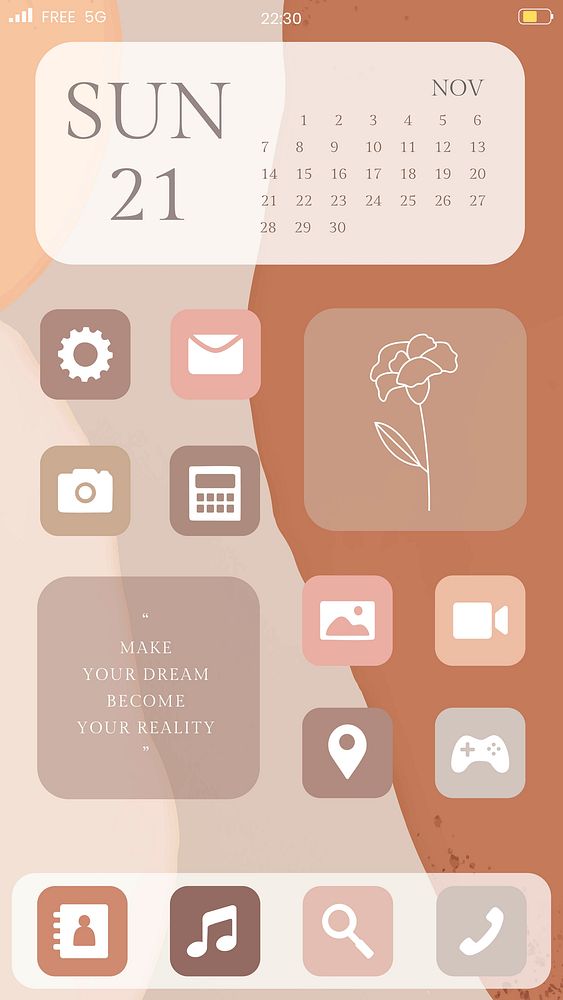 Phone home screen vector aesthetic icon widgets in beige theme