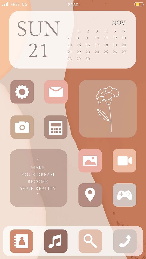 Phone home screen psd aesthetic icon widgets in beige theme