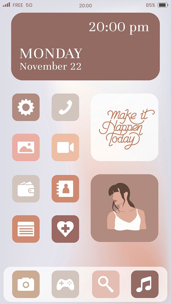 Phone home screen vector aesthetic icon widgets in beige theme