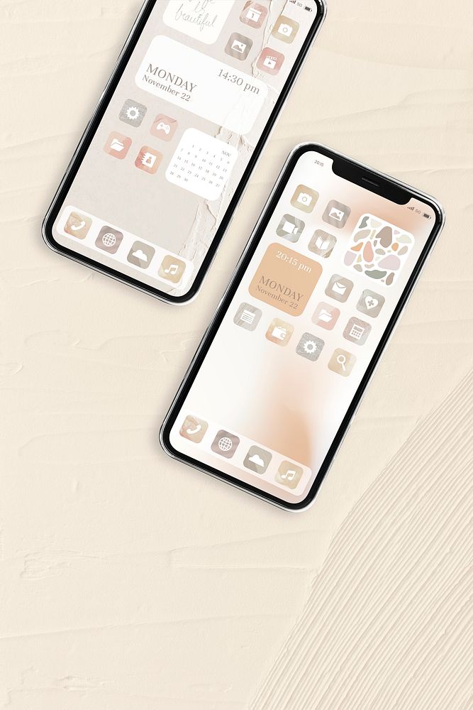 Phone screen mockup psd in beige widgets theme