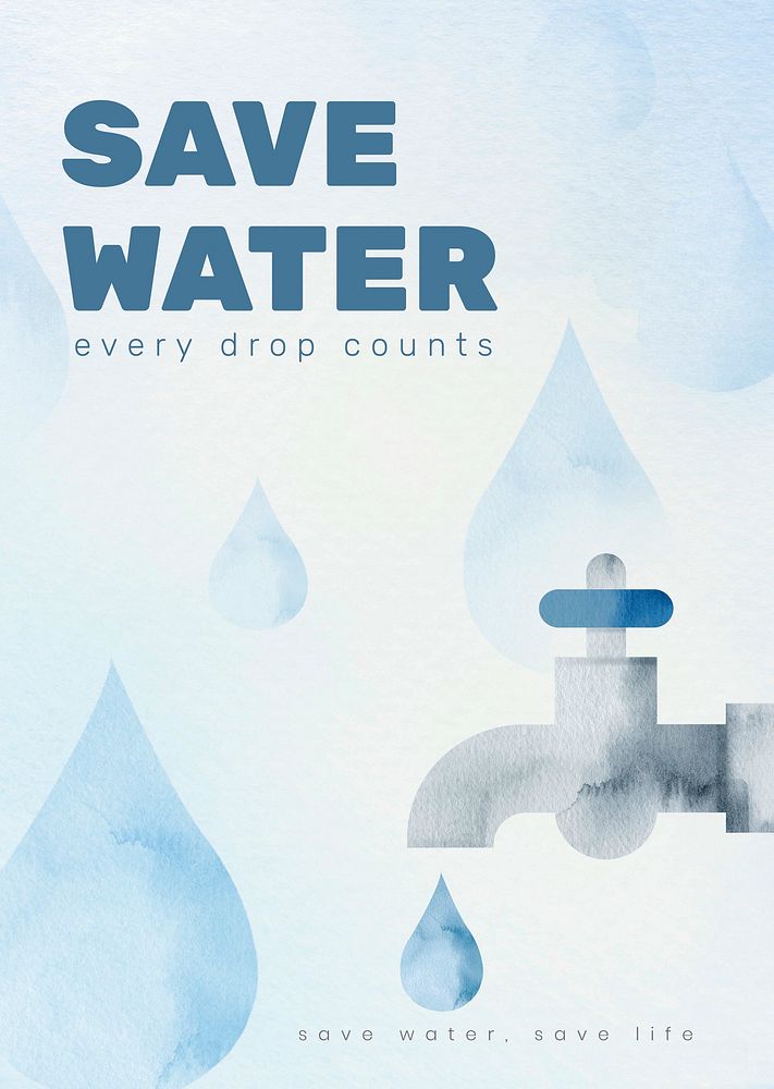 Editable environment poster template psd with save water text in watercolor