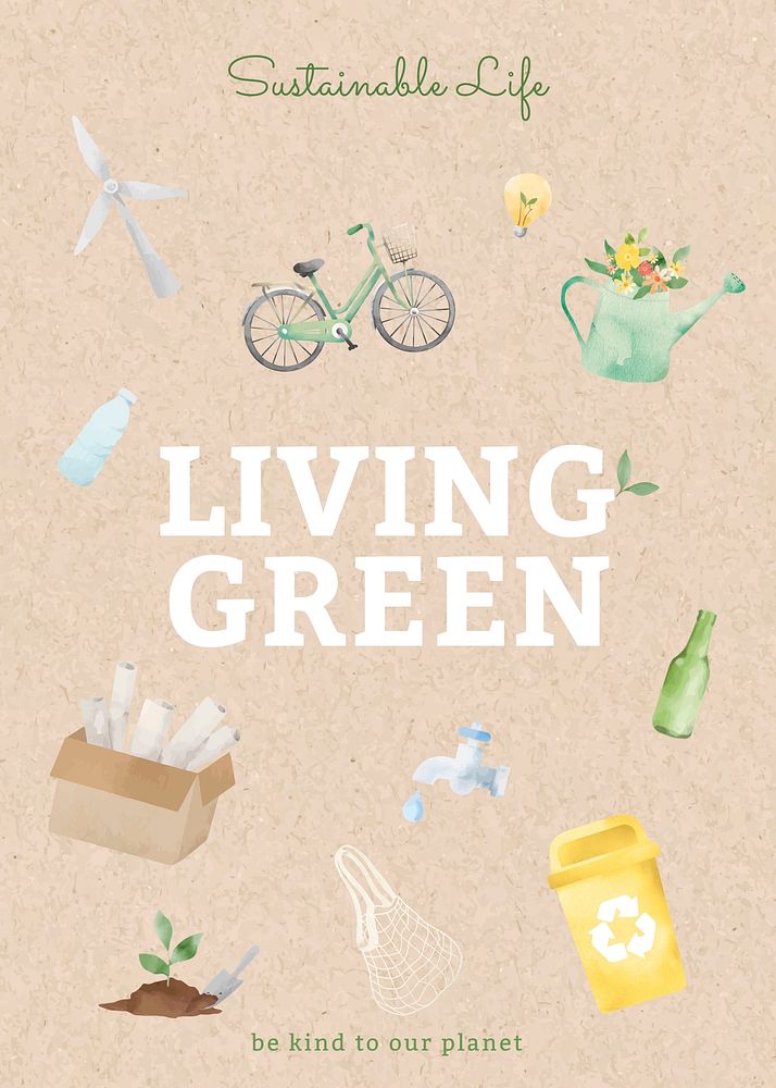 Editable environment poster template psd with living green text in watercolor