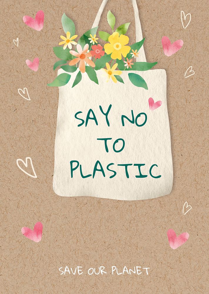 Editable environment poster template psd with say no to plastic text in watercolor