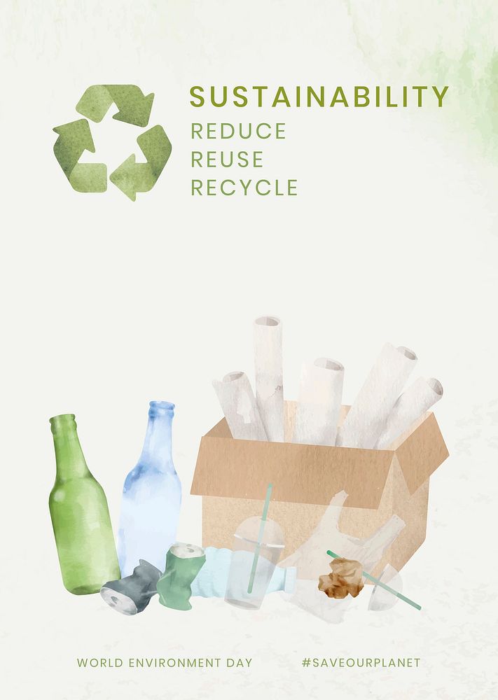 Editable environment poster template psd with recycling symbol in watercolor