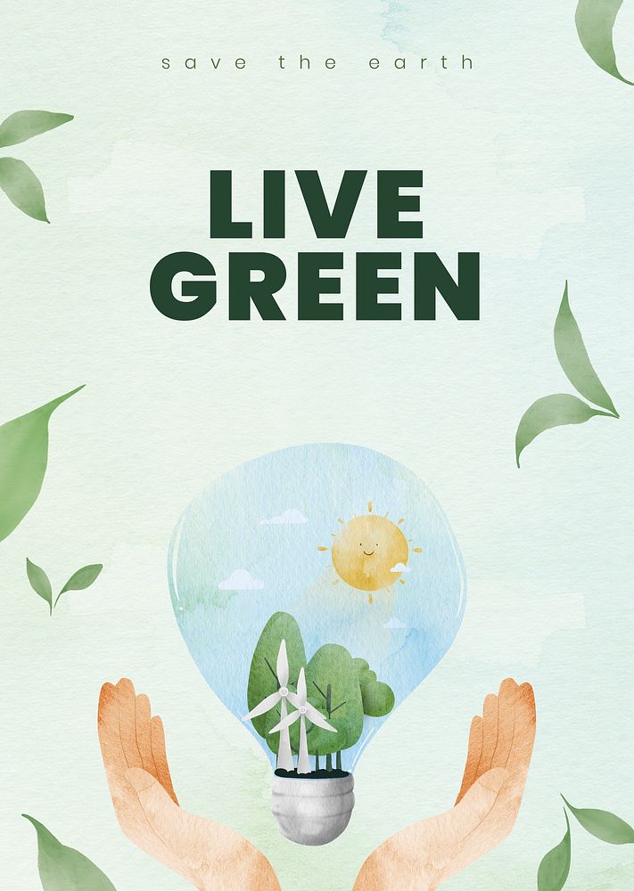 Editable environment poster template psd with live green text in watercolor