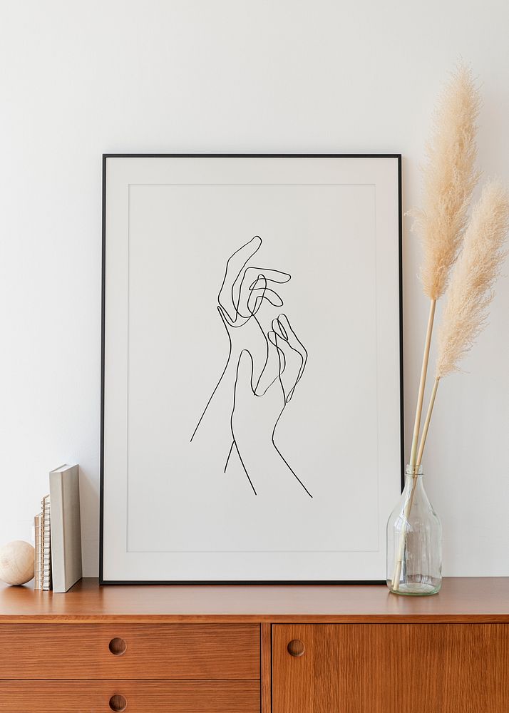 Frame mockup psd with minimal aesthetic hands line art graphic